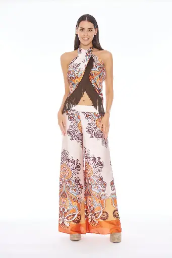 Miss Bikini - top pareo con frange e pantaloni in raso