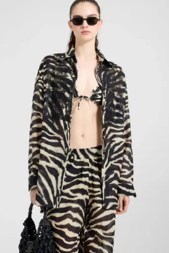 ermanno scervino  - Camicia in misto cotone e seta con stampa zebrata e pizzo rebrodé