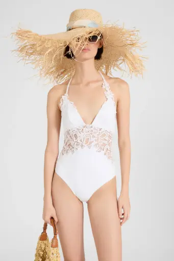 ermanno scervino  - Costume intero con scollo a V e inserti in pizzo macramè